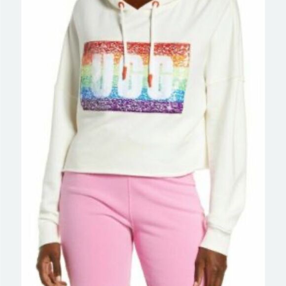 UGG PRIDE 🆕 Women's Cream Hoodie Sweater sequins rainbow 🌈 sweatshirt - Picture 2 of 10